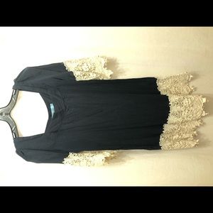 Navy cotton swim coverup with cream crochet trim